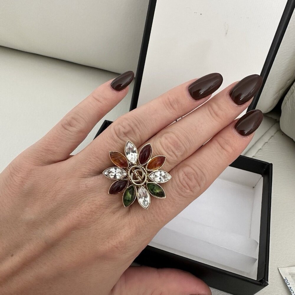 New GUCCI RING FLOWER CRYSTAL GG SIZE XS GOLDEN MULTICOLOR - Picture 3 of 8